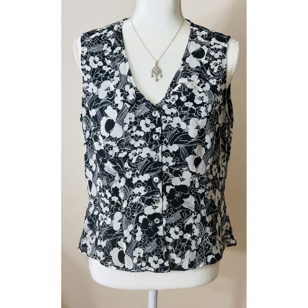 Jones New York Collection Blouse 100% Silk 12 Black White Dark Academia Workfoce